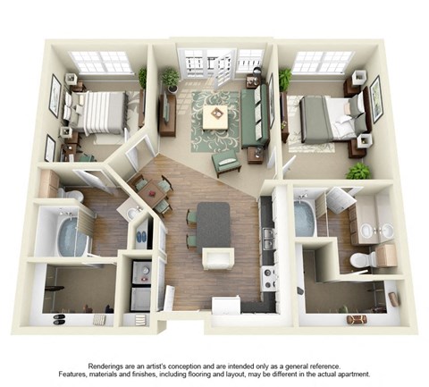 Floor plan for 2 beds, 2 baths, 947 sqft